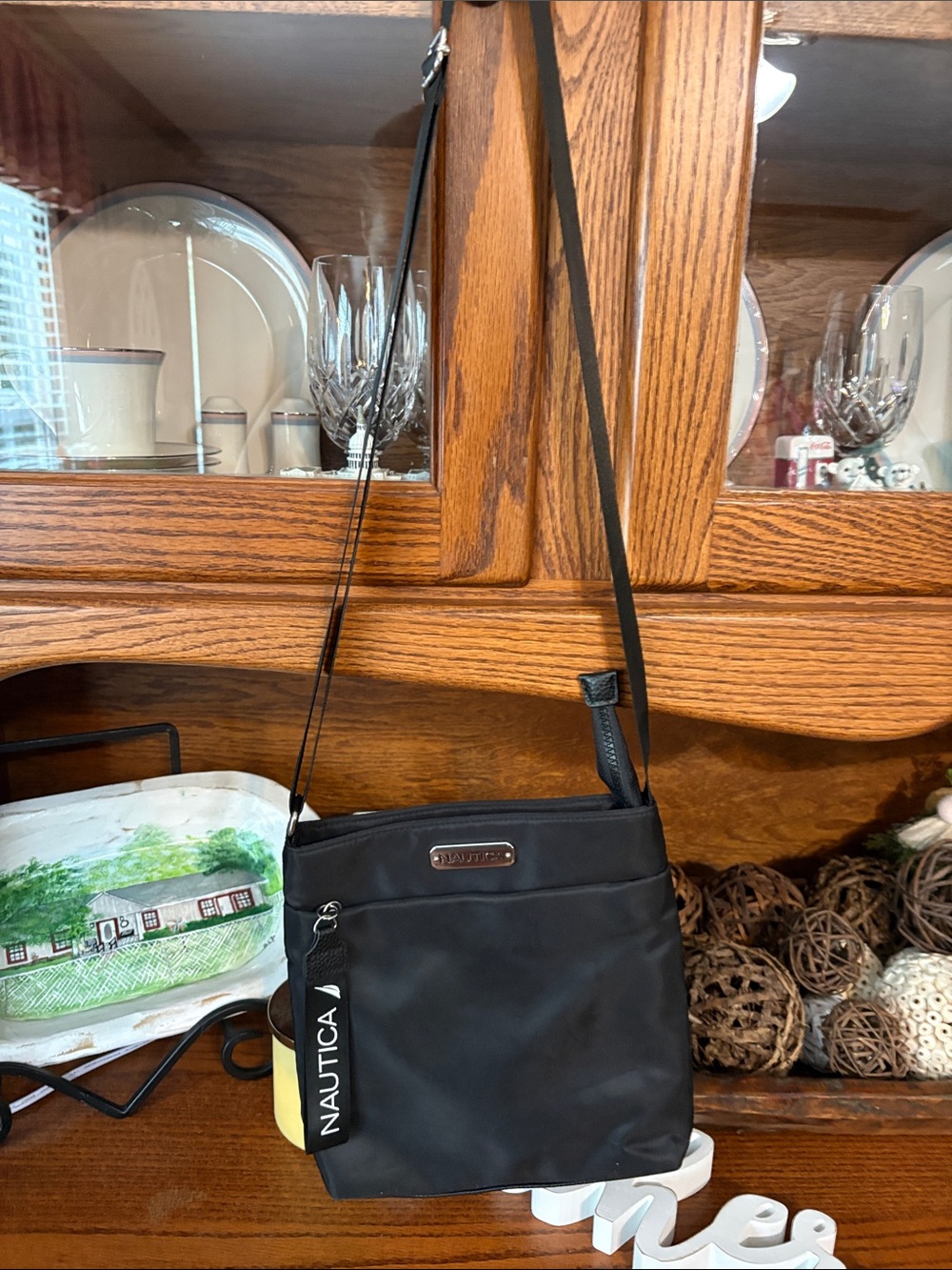 Nautica Black Nylon Crossbody Messenger Bag with Logo Tag